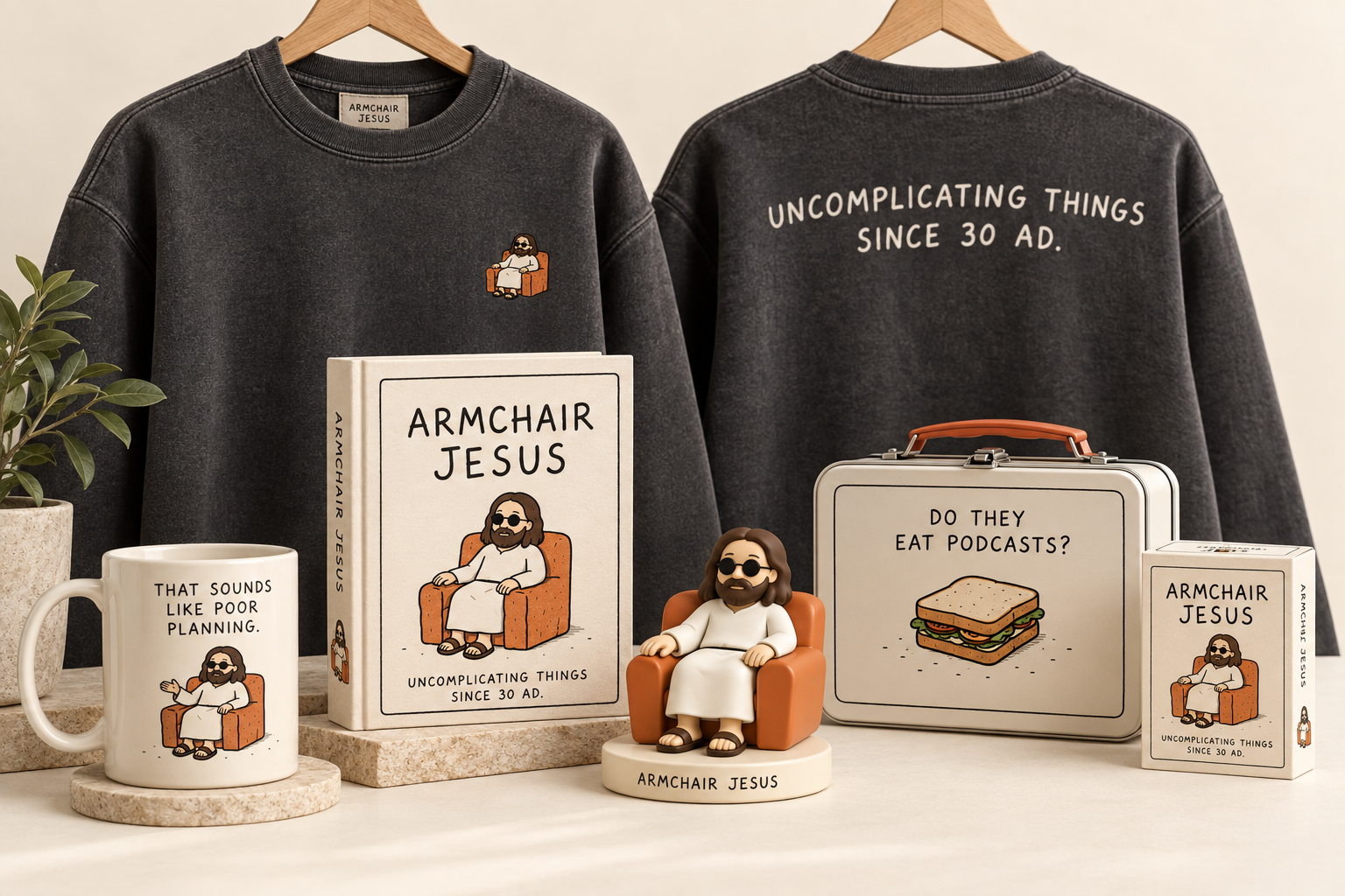The Armchair Jesus book, card deck, Desk Jesus figure, mug and apparel collection