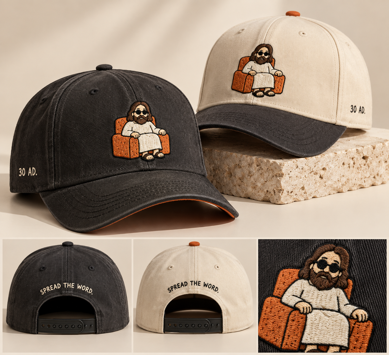Black and cream Armchair Jesus embroidered hats