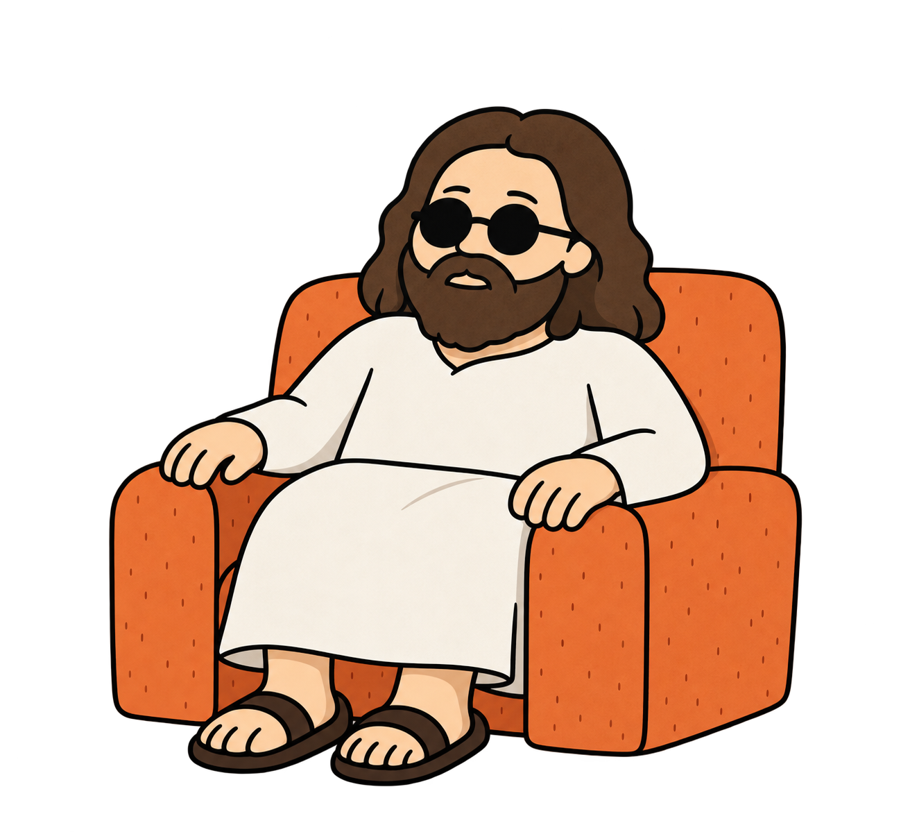 A simple illustration of Jesus in sunglasses, seated in an orange armchair